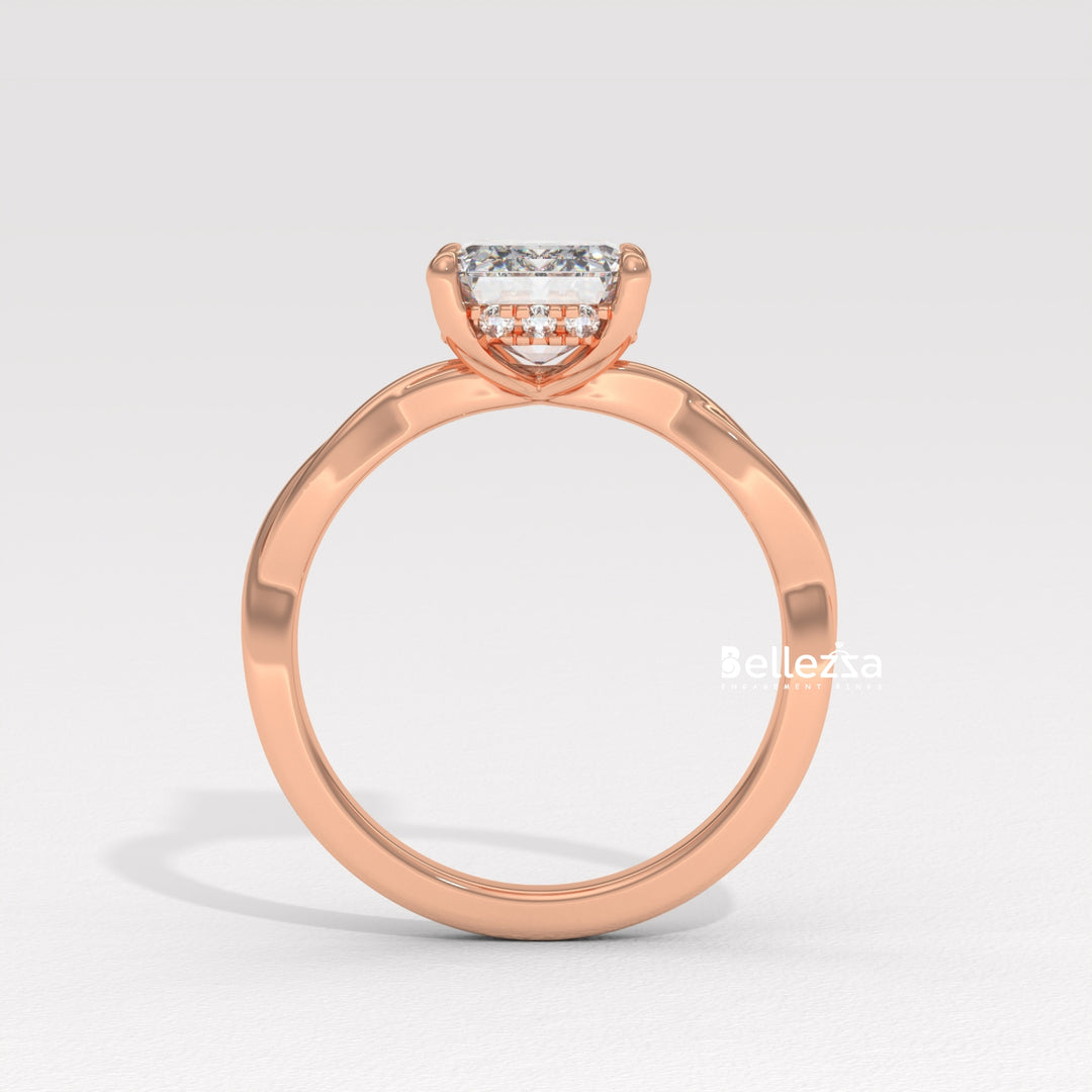 2.0-3.0CT Emerald Cut Twisted Hidden Halo Lab Grown Engagement Ring