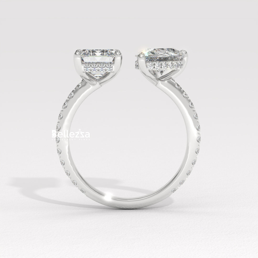 1.0CT Pear & Emerald Cut Hidden Halo Open Style Two Stone Lab Grown Ring