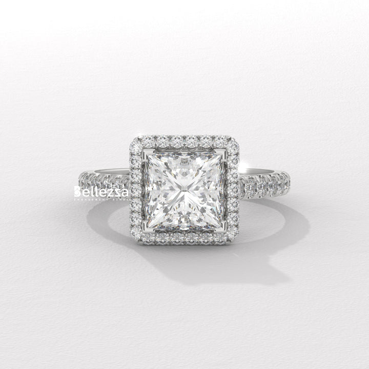 1.0-2.0CT Princess Cut Diamond Halo Pave Setting Lab Grown Engagement Ring
