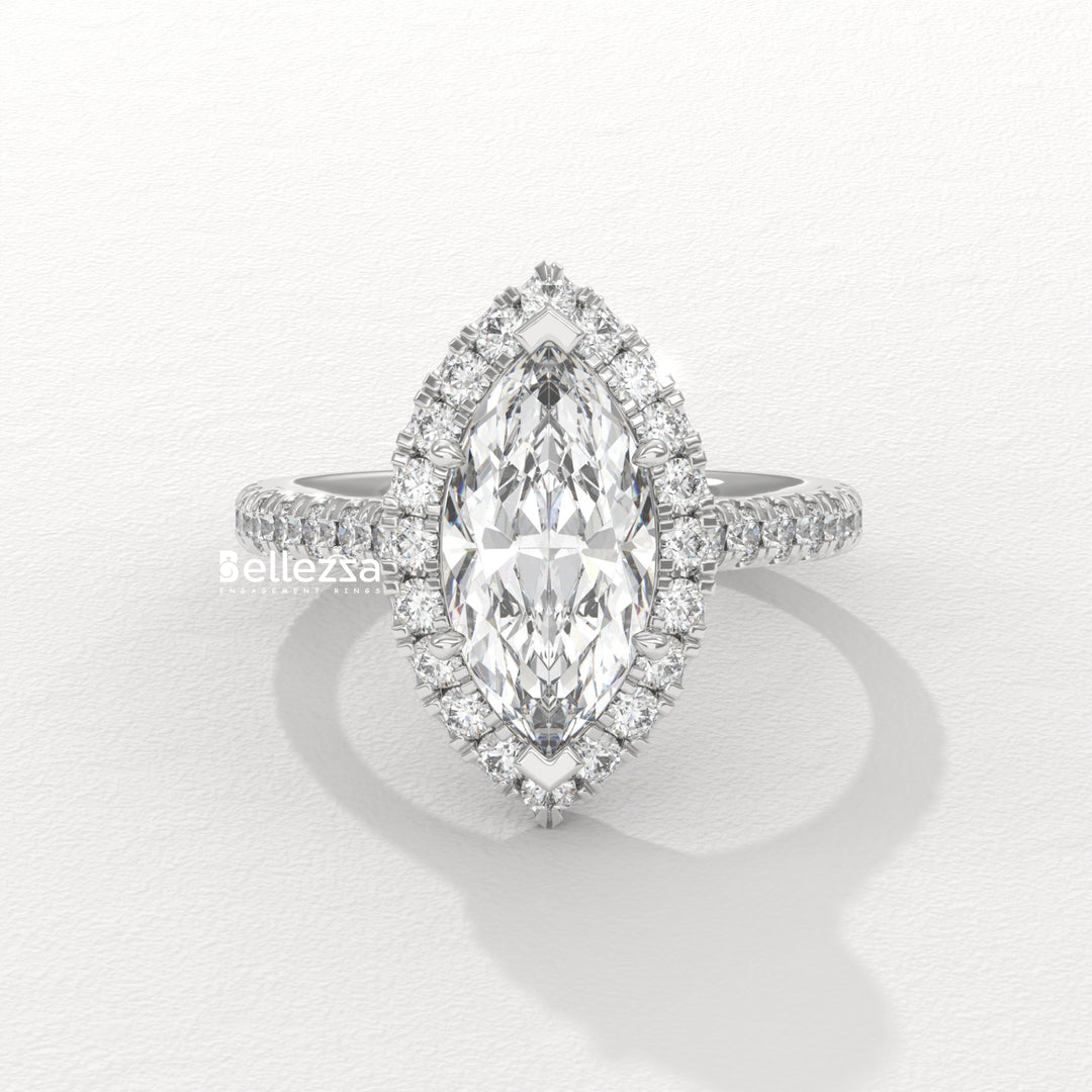 1.50-2.50CT Marquise Cut CVD Diamond Halo Pave Set Engagement Ring