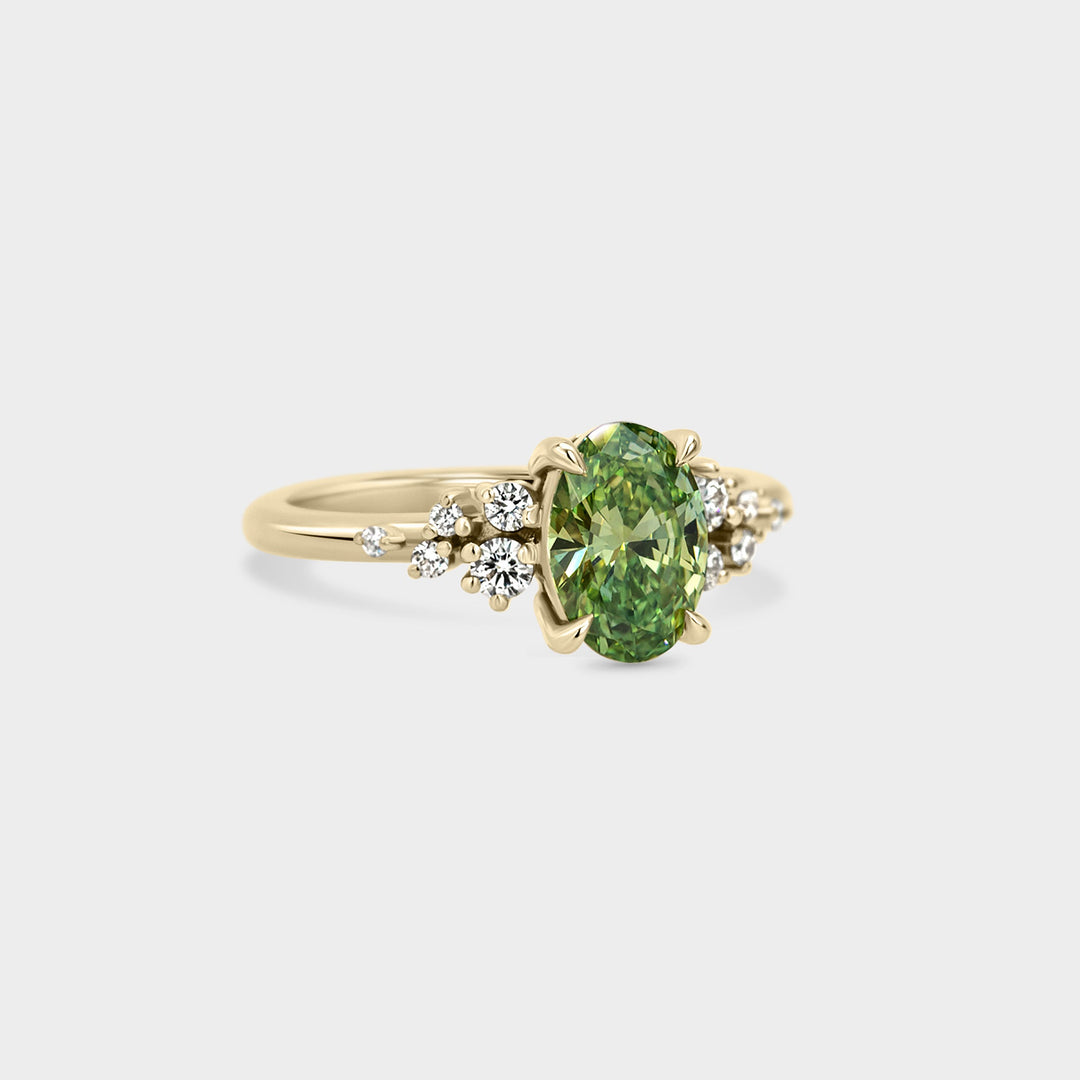 1.0CT Fancy Green Oval Cut Cluster Setting Lab Grown Engagement Ring