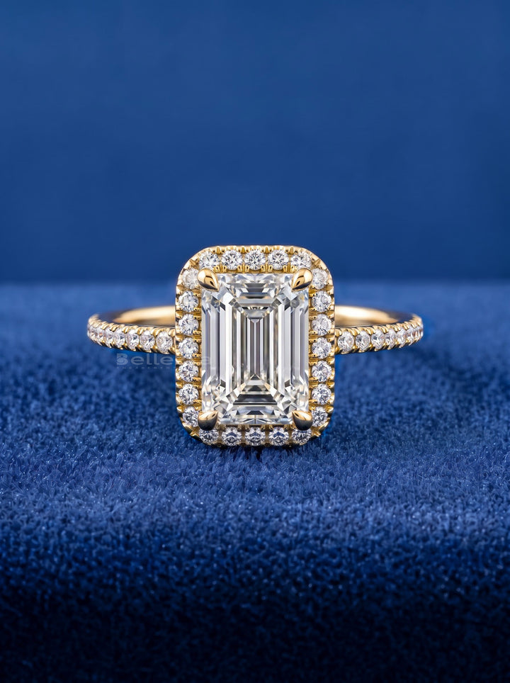 1.0 -3.0 CT Emerald  Lab Grown Diamond Halo Engagement Ring With Pave Setting