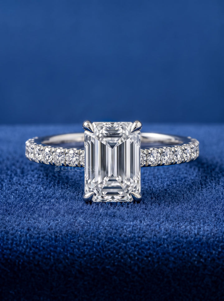 1.0 - 3.0 CT Emerald  Lab Grown Diamond Pave Style Engagement Ring