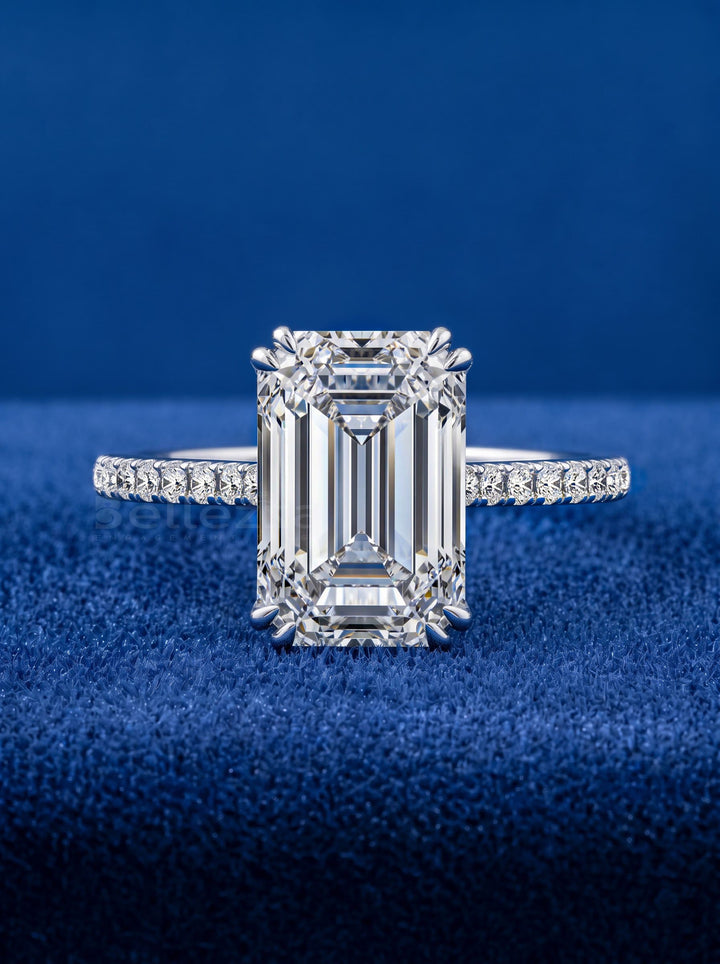 5.0CT-7.0CT Emerald Cut Lab Grown Diamond Double Prong Hidden Halo Engagement Ring