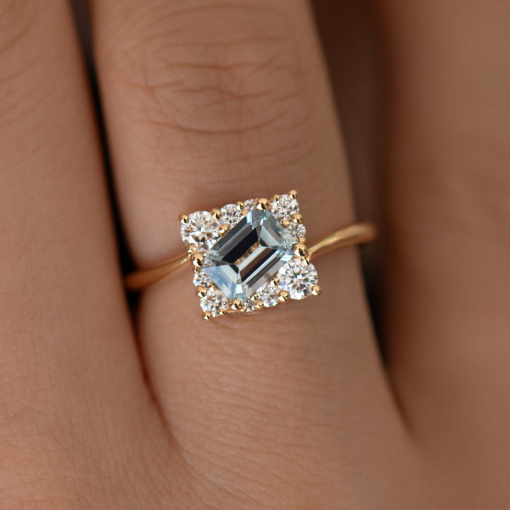 1.0CT Light Blue Sapphire Emerald Cut cluster Setting Lab Grown Engagement Ring