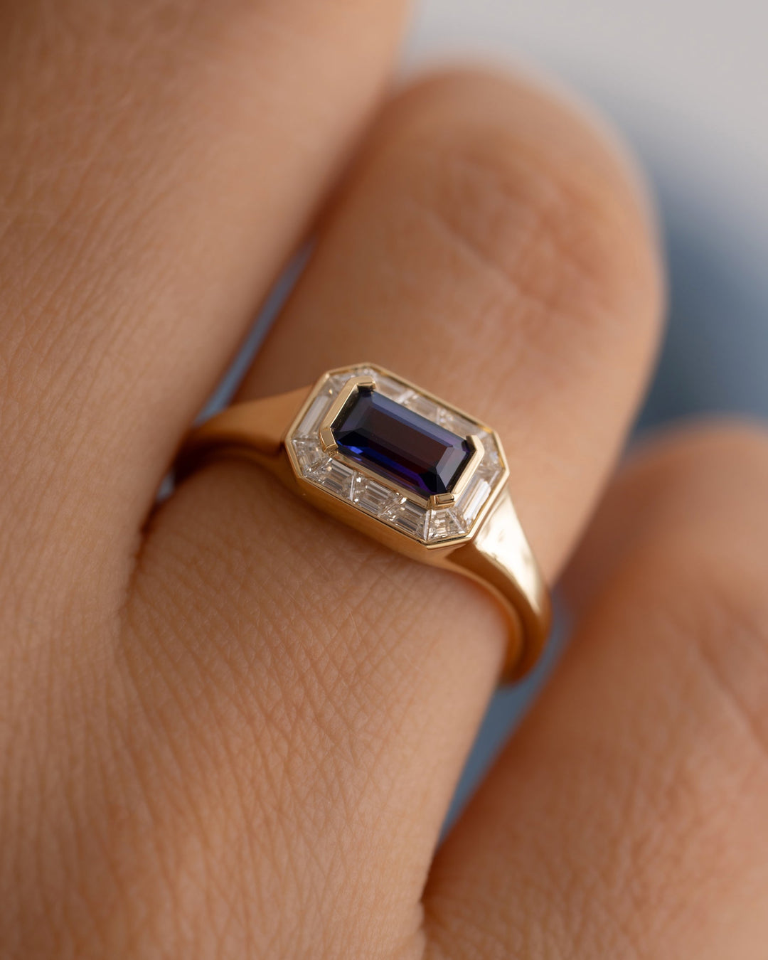 0.50CT Blue Sapphire Emerald Cut East-West Halo Setting Lab Grown Ring