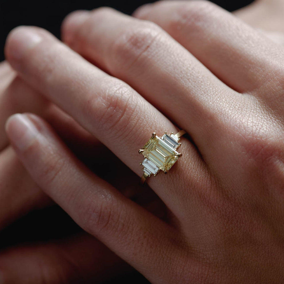 2.50CT Fancy Yellow Emerald Cut Five Stone Lab Grown Engagement Ring