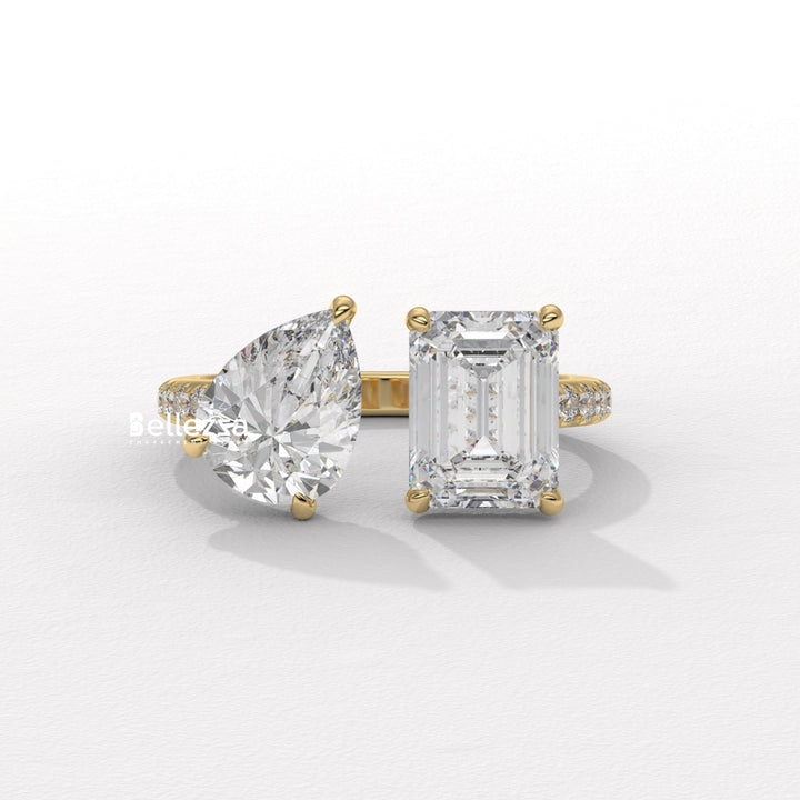 1.0CT Pear & Emerald Cut Hidden Halo Open Style Two Stone Lab Grown Ring