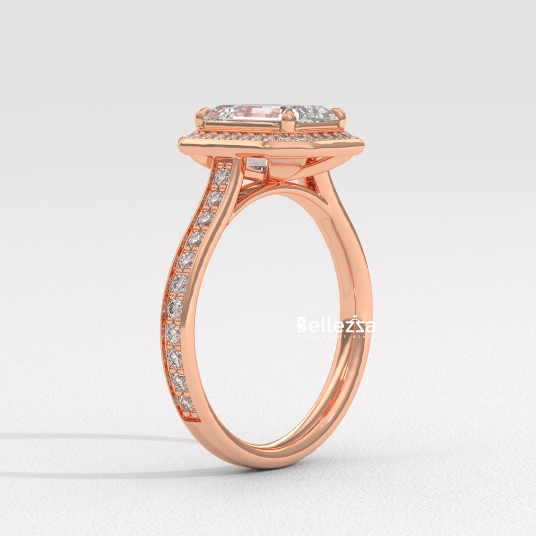 2.0-3.0CT Emerald Cut CVD Diamond Halo Pave Set Engagement Ring