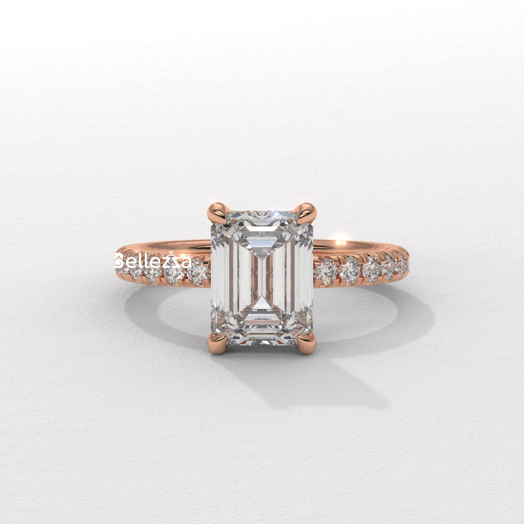 1.50-2.50CT Emerald Cut Lab Grown Diamond Pave Setting Engagement Ring