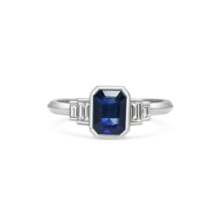 1.0CT Blue Emerald Cut Bezel Setting Five Stone Lab Grown Engagement Ring