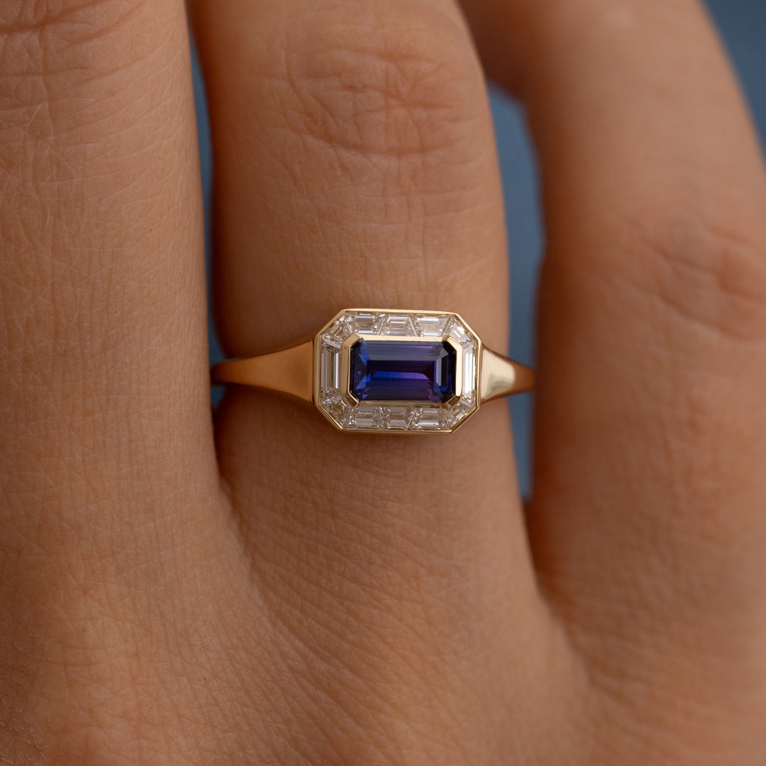 0.50CT Blue Sapphire Emerald Cut East-West Halo Setting Lab Grown Ring