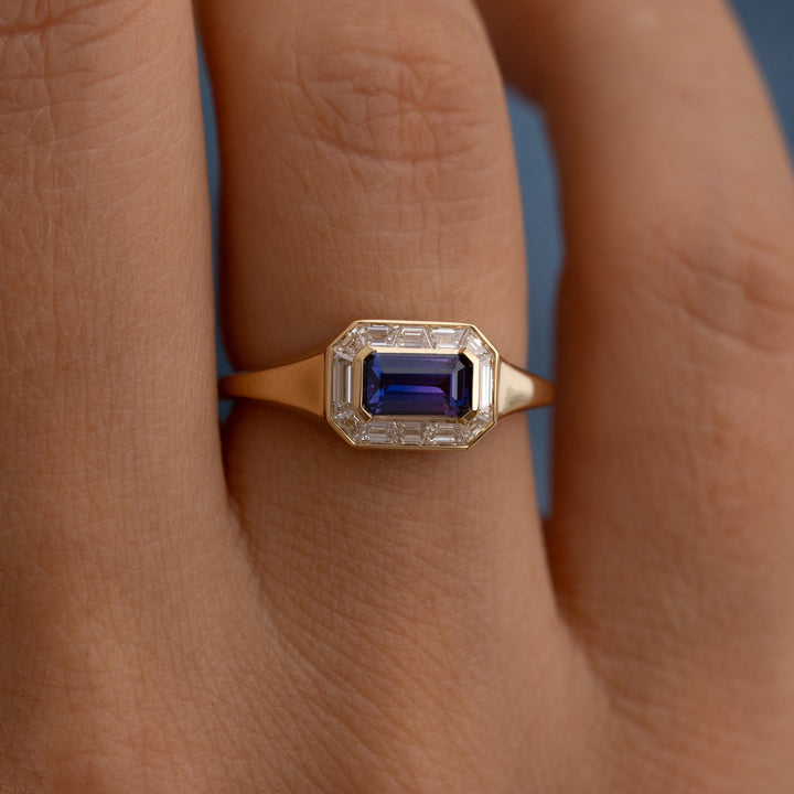 0.50CT Blue Sapphire Emerald Cut East-West Halo Setting Lab Grown Ring