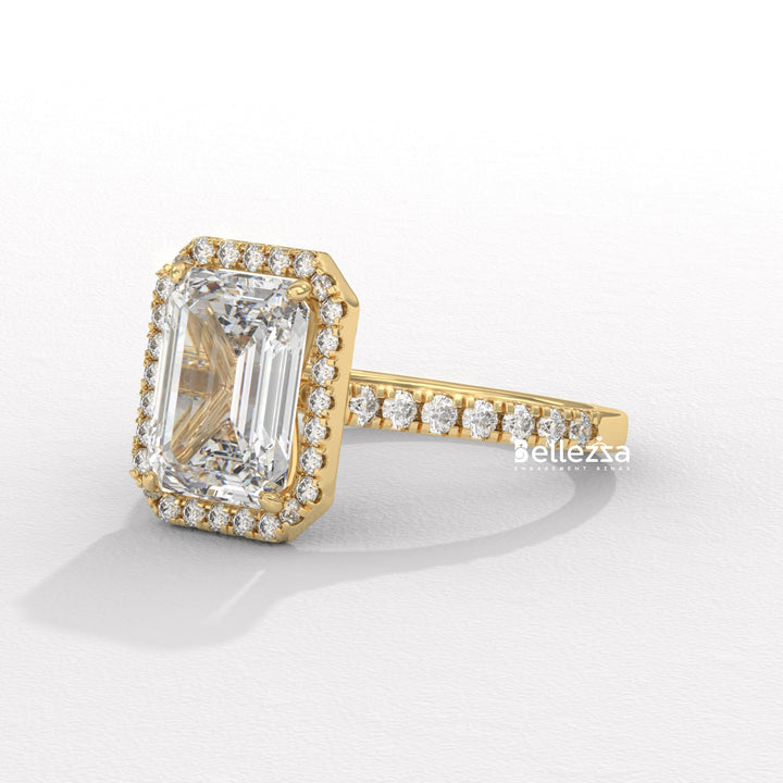 1.50-2.0CT Emerald Cut Halo Pave Setting CVD Diamond Engagement Ring