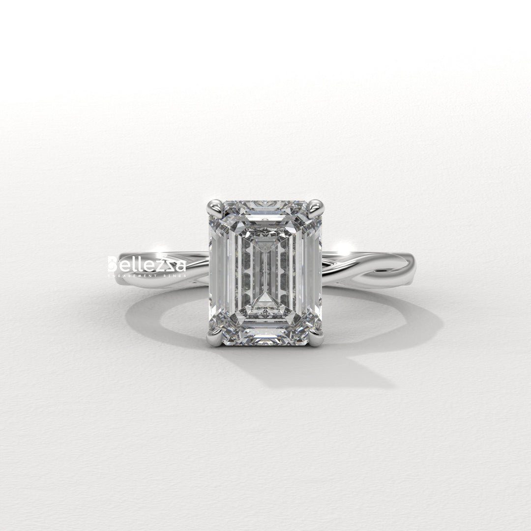 2.0-3.0CT Emerald Cut Twisted Hidden Halo Lab Grown Engagement Ring