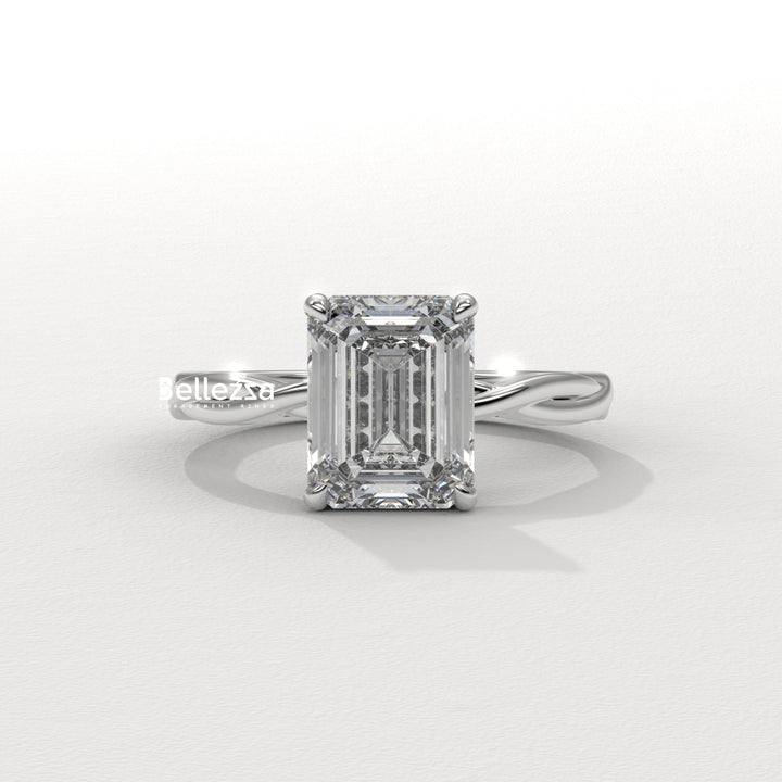 2.0-3.0CT Emerald Cut Twisted Hidden Halo Lab Grown Engagement Ring