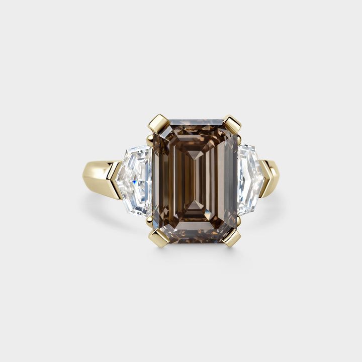 6.0CT Fancy Brown Emerald Cut Three Stone Knife Edge Lab Grown Engagement Ring