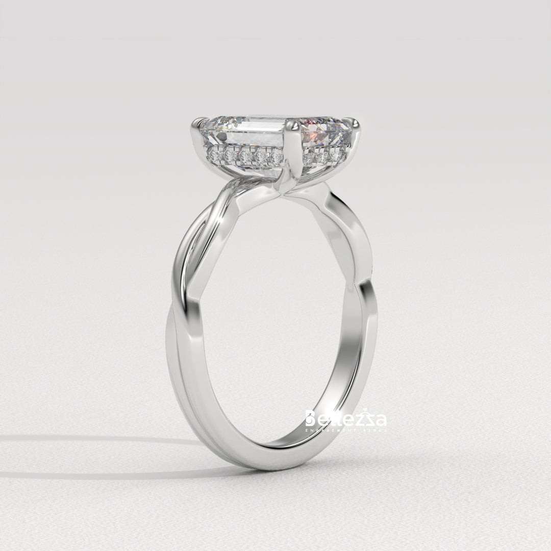 2.0-3.0CT Emerald Cut Twisted Hidden Halo Lab Grown Engagement Ring