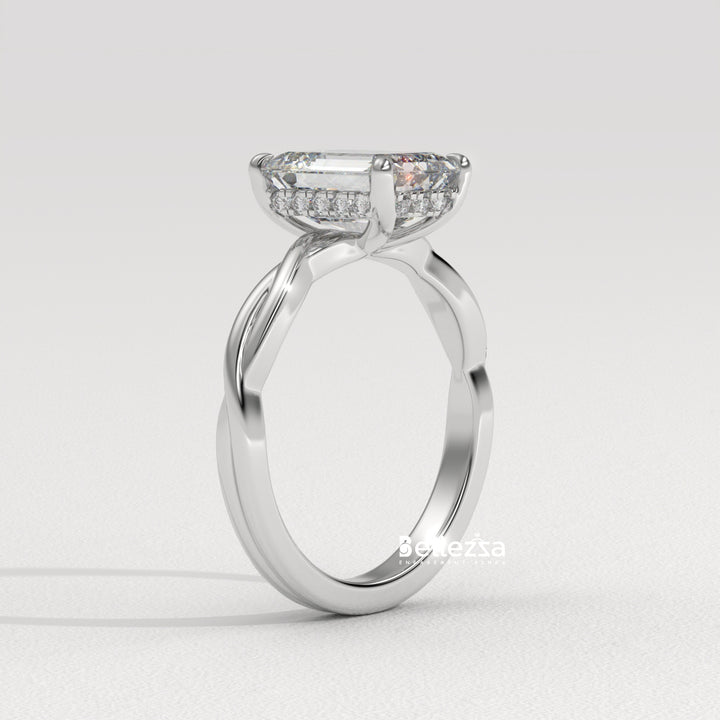 2.0-3.0CT Emerald Cut Twisted Hidden Halo Lab Grown Engagement Ring