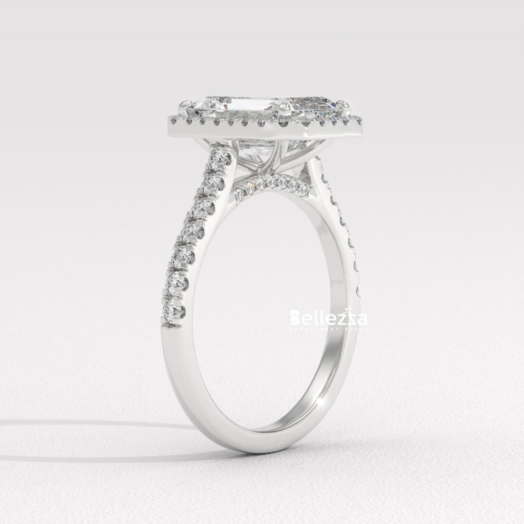 1.50-2.0CT Emerald Cut Halo Pave Setting CVD Diamond Engagement Ring