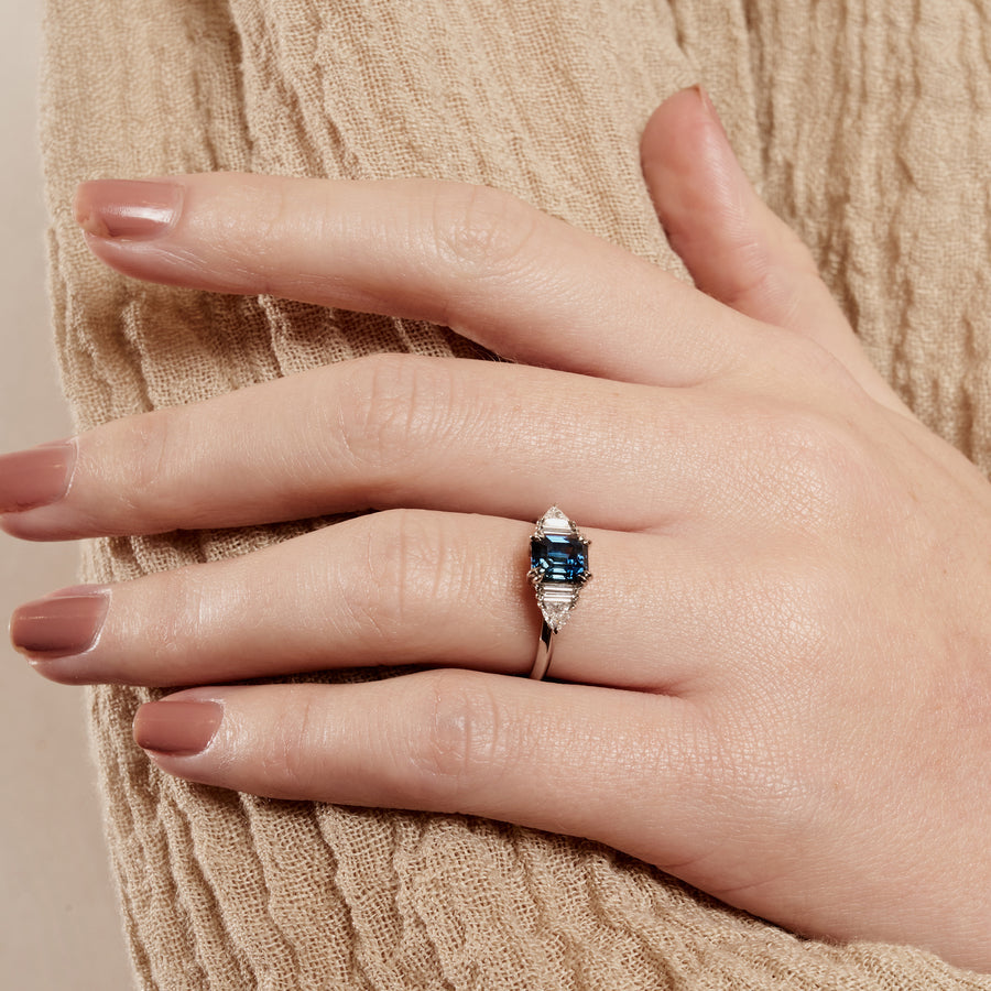 1.50CT Teal Blue Emerald Cut Three Stone Lab Grow Engagement Ring