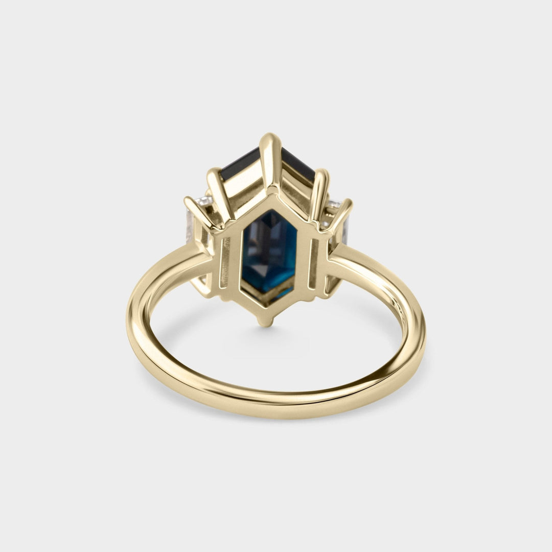3.50CT Blue Sapphire Elongated Hexagon Diamond Three Stone Lab Grown Ring