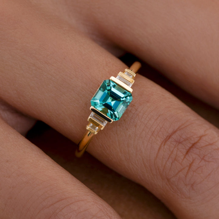 1.0CT Light Blue Asscher Diamond Five Stone Lab Grown Engagement Ring
