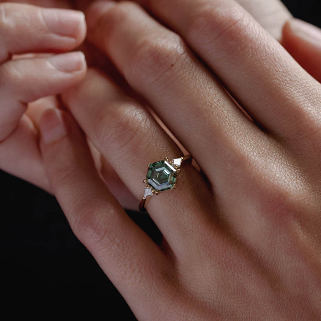 2.50CT Fancy Green Hexagon Diamond Three Stone Lab Grown Engagement Ring