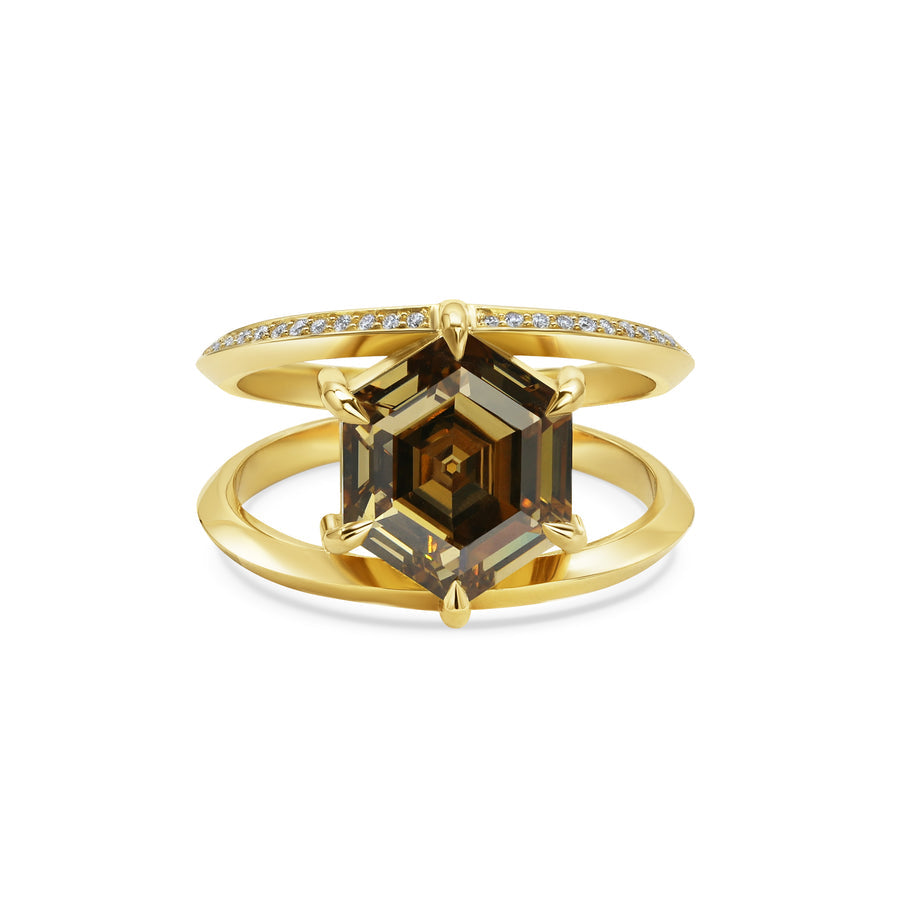 4.0CT Fancy Yellow Brown Hexagon Diamond Unique Lab Grown Engagement Ring