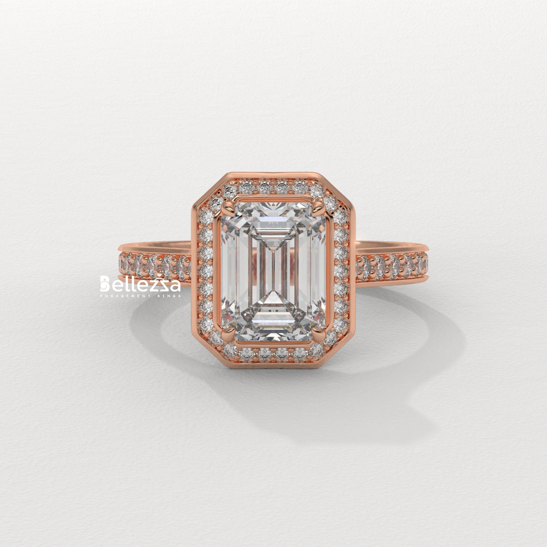 2.0-3.0CT Emerald Cut CVD Diamond Halo Pave Set Engagement Ring