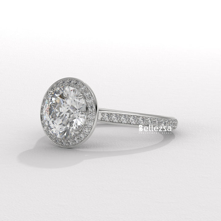 1.0-2.0CT Round Cut CVD Diamond Halo Pave Setting Engagement Ring