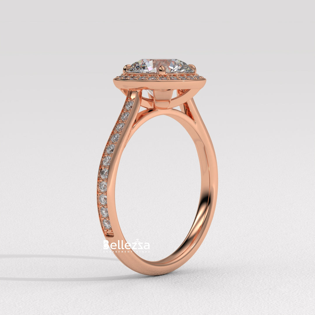 1.0-2.0CT Round Cut CVD Diamond Halo Pave Setting Engagement Ring