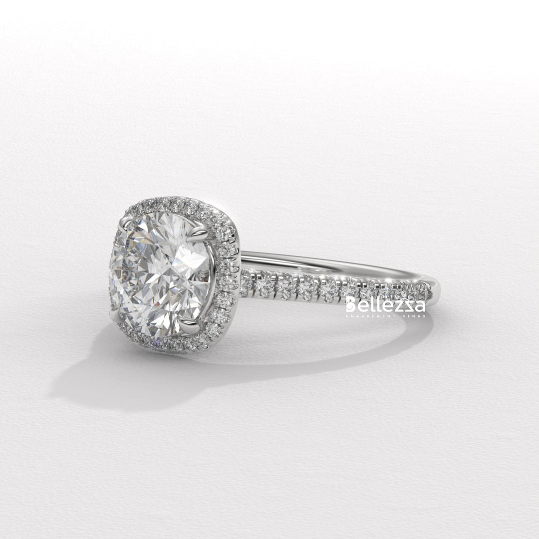 1.0-2.0CT Round Cut Halo Pave Setting Lab Grown Diamond Engagement Ring