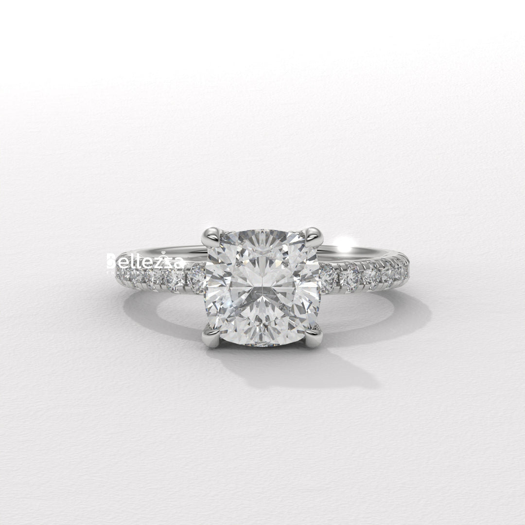 1.0-2.0CT Cushion Cut Diamond Pave Setting Lab Grown Engagement Ring