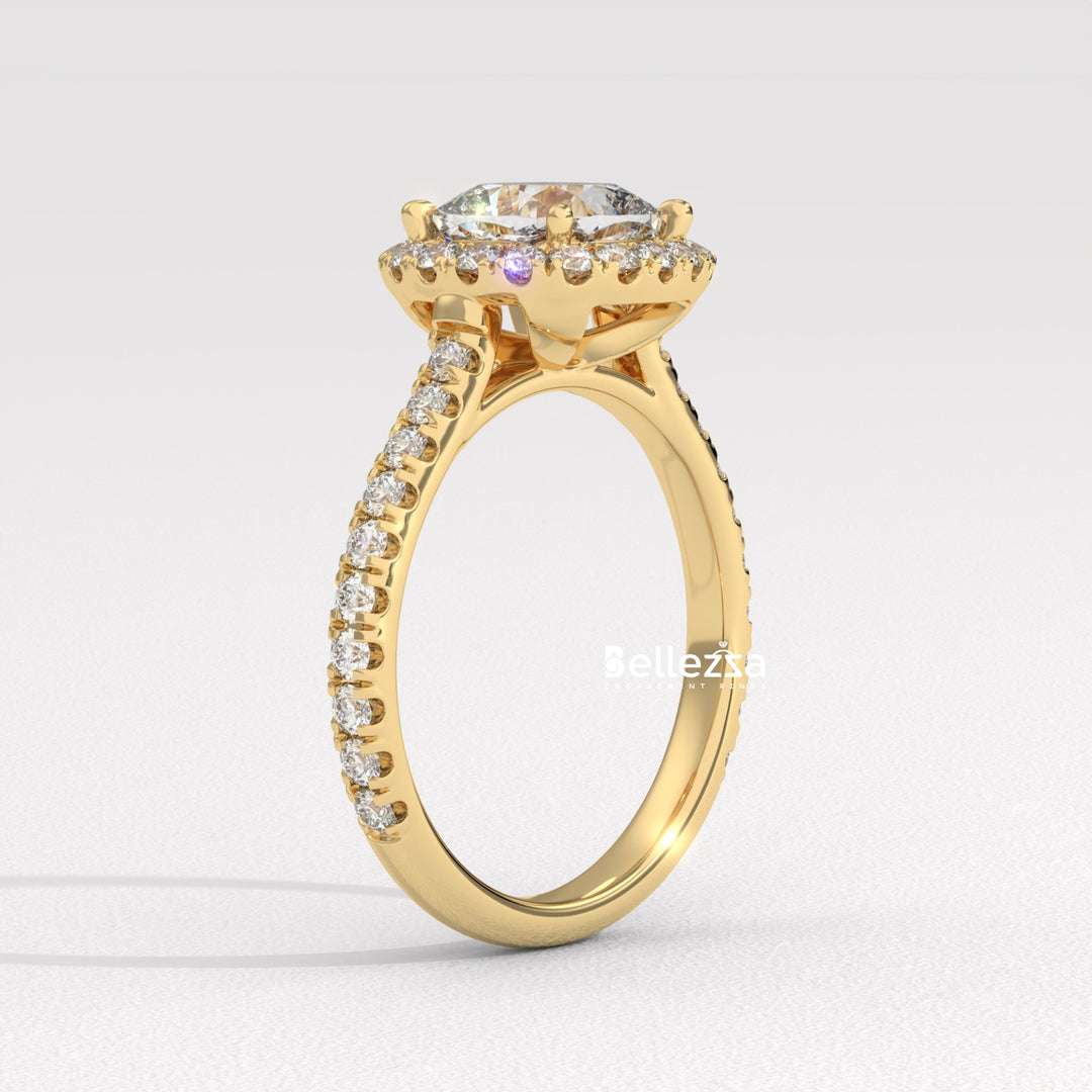 1.0-2.0CT Cushion Cut CVD Diamond Halo Pave Setting Engagement Ring