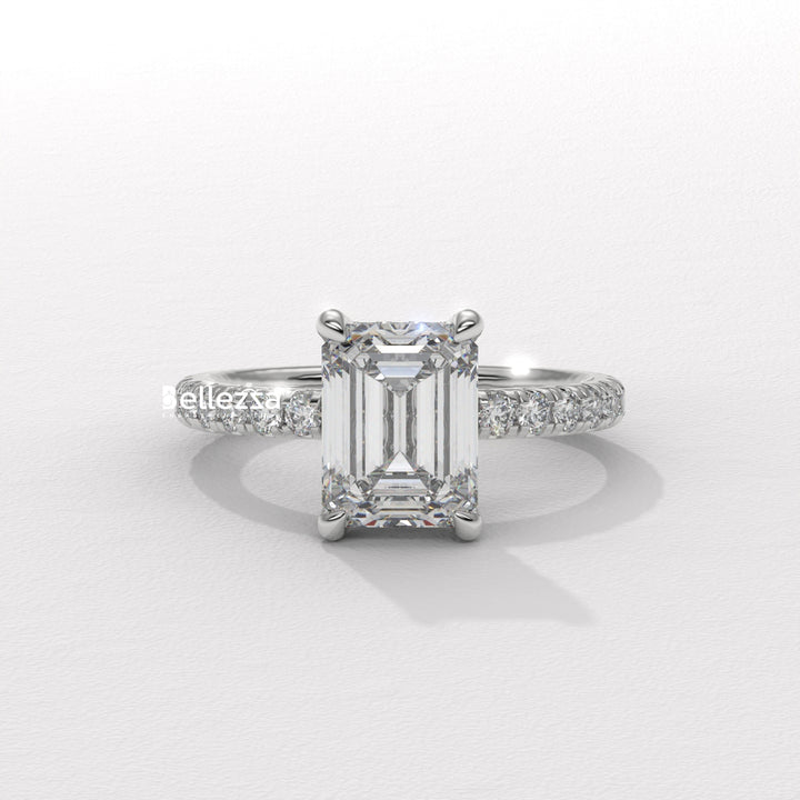 1.50-2.50CT Emerald Cut Lab Grown Diamond Pave Setting Engagement Ring