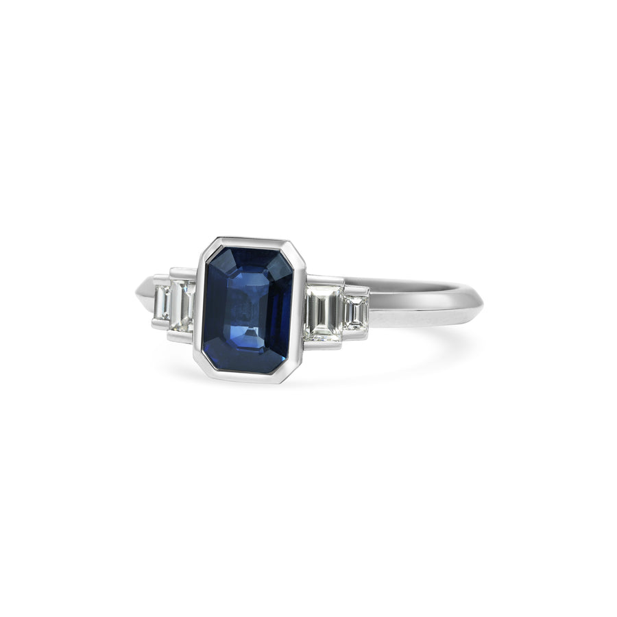 1.0CT Blue Emerald Cut Bezel Setting Five Stone Lab Grown Engagement Ring