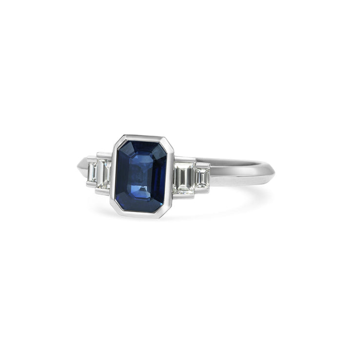1.0CT Blue Emerald Cut Bezel Setting Five Stone Lab Grown Engagement Ring