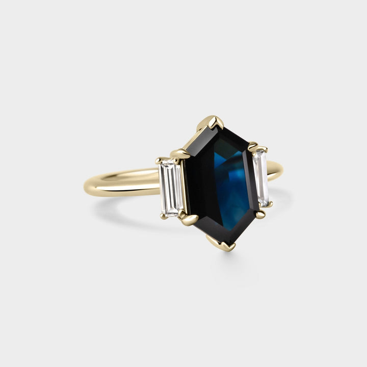 3.50CT Blue Sapphire Elongated Hexagon Diamond Three Stone Lab Grown Ring
