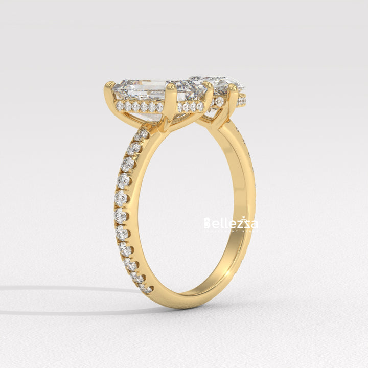 1.0CT Pear & Emerald Cut Hidden Halo Open Style Two Stone Lab Grown Ring