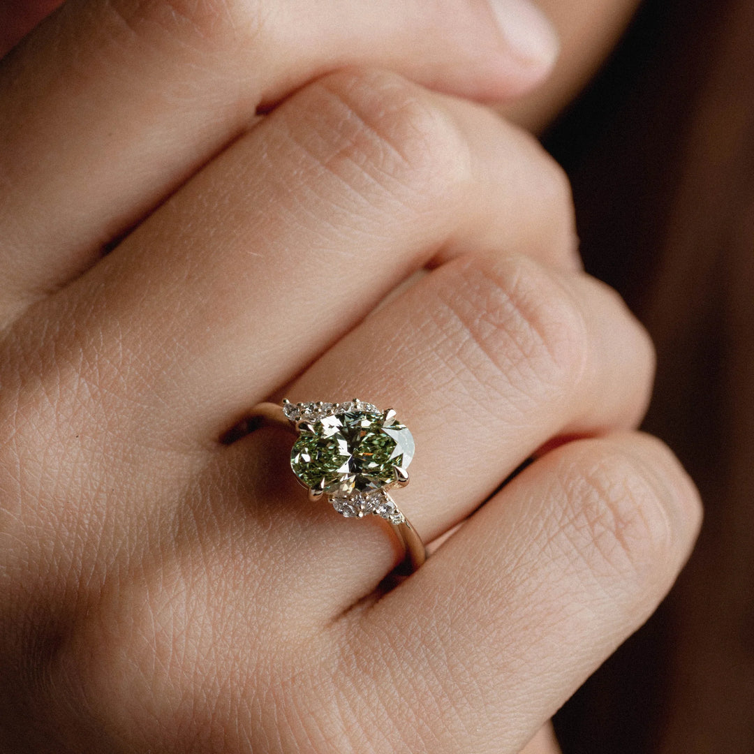 2.0CT Oval Cut Fancy Green Lab Grown Diamond Cluster Engagement Ring