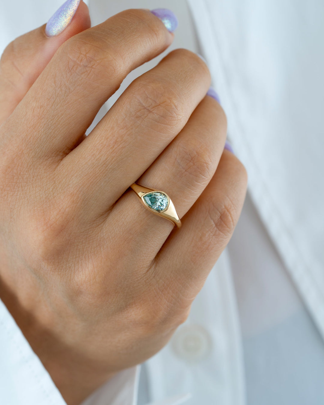 1.0CT Light Blue Pear Diamond Bezel Setting Unique Lab Grown Engagement Ring