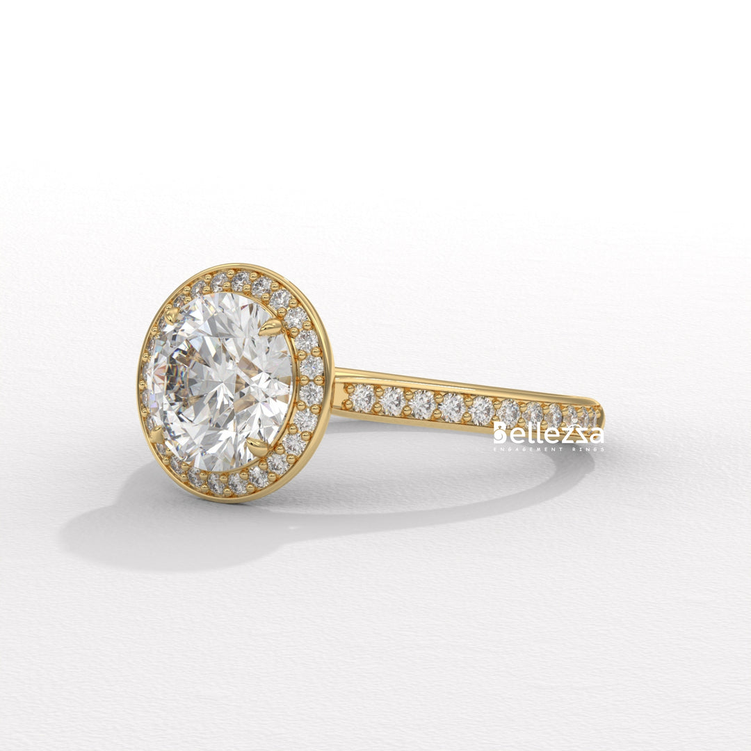 1.0-2.0CT Round Cut CVD Diamond Halo Pave Setting Engagement Ring