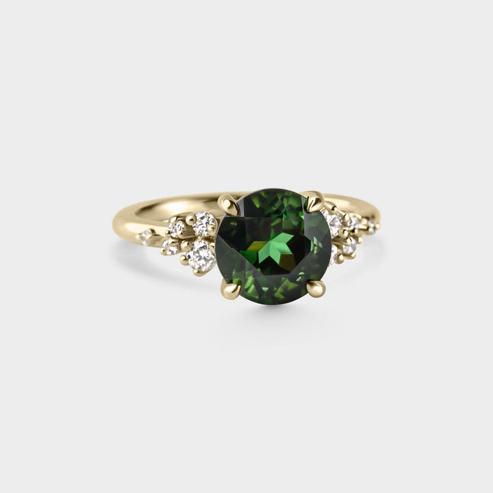 2.0CT Dark Green Tourmaline Round Cut Cluster Diamond Lab Grown Engagement Ring