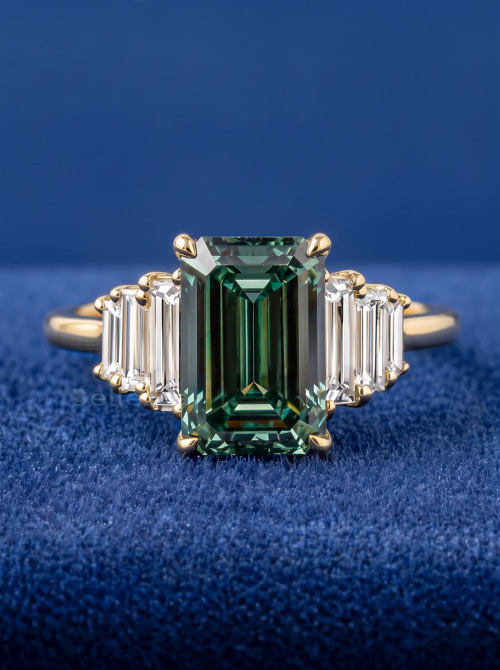 2.0CT Teal Green Emerald Cut Seven Stone Lab Grown Engagement Ring