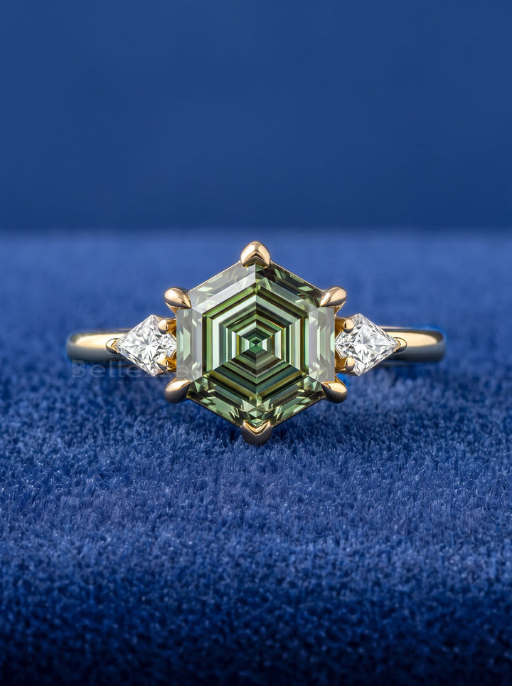 2.50CT Fancy Green Hexagon Diamond Three Stone Lab Grown Engagement Ring