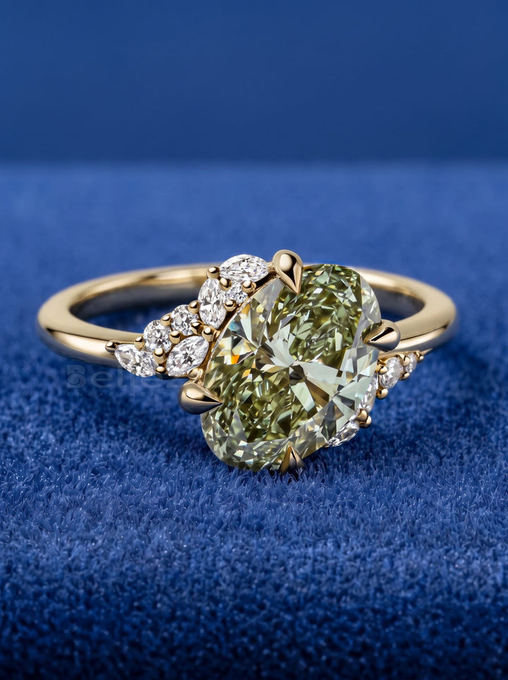 2.0CT Oval Cut Fancy Green Lab Grown Diamond Cluster Engagement Ring