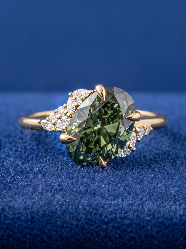 3.0CT Fancy Green Oval Diamond Cluster Setting Lab Grown Engagement Ring