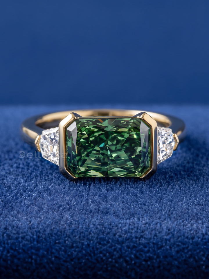 3.0CT Fancy Green East-West Radiant Diamond Cluster Lab Grown Engagement Ring