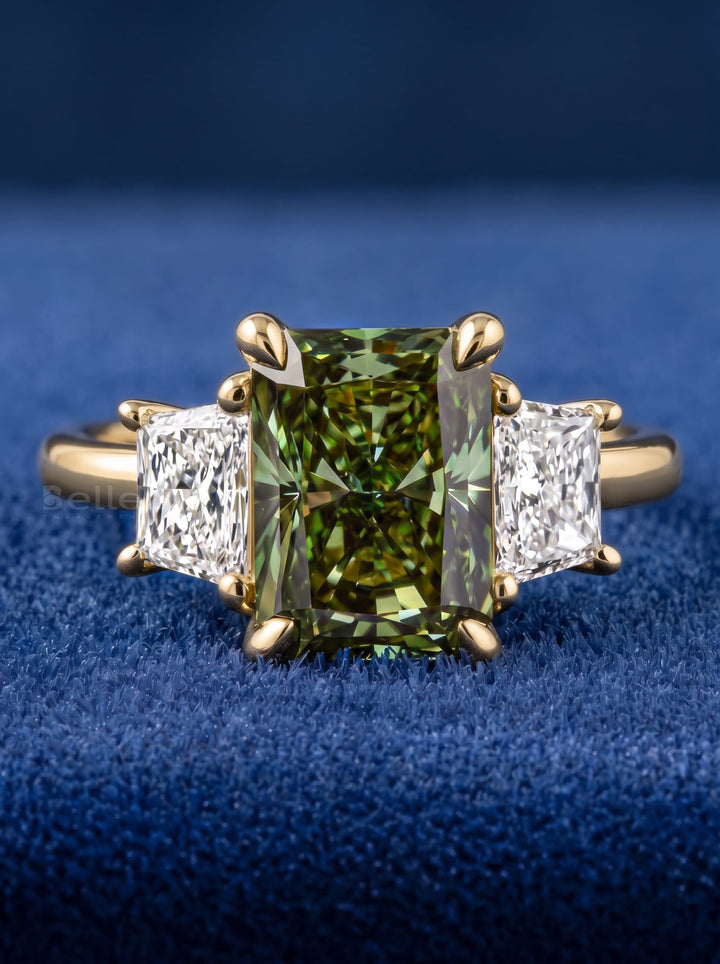 3.0CT Fancy Green Radiant Diamond Three Stone Lab Grown Engagement Ring